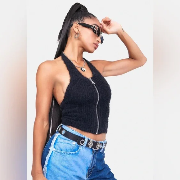 THE RAGGED PRIEST Bug Fuzzy Eyelash Ribbed Knit Halter Crop Top Zip Up Black S - Picture 2 of 12